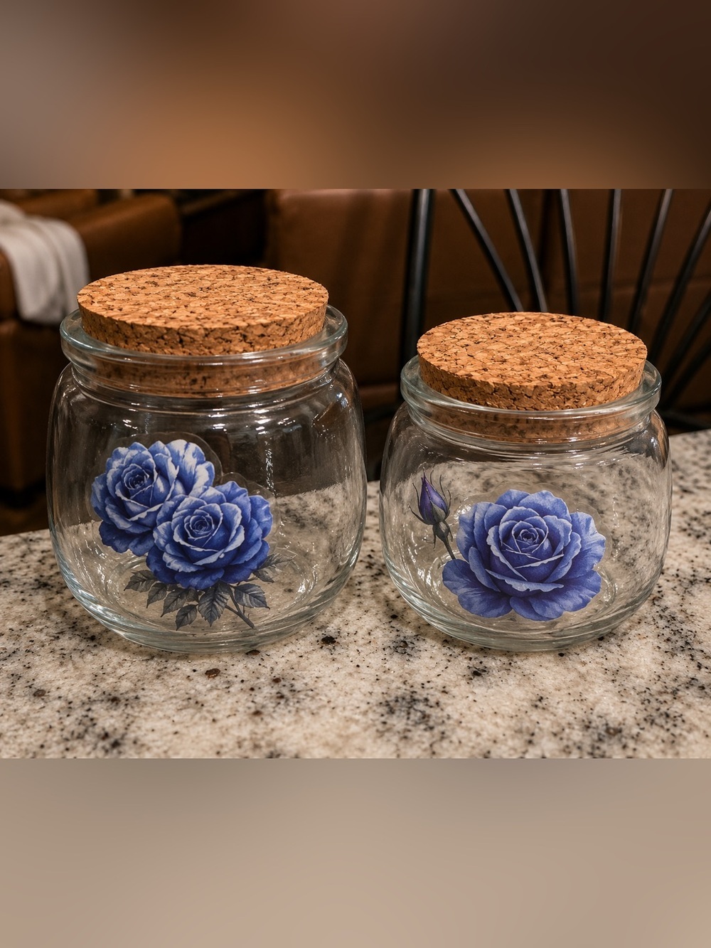2pc set Blue Rose Glass Storage Jars with Cork Lids - Set of 2